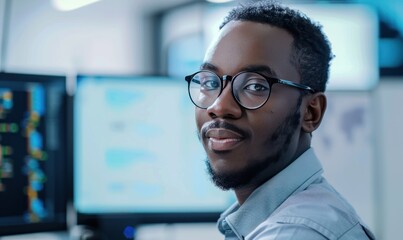 Fototapeta premium Young African American focused man ceo data analyst businesswoman sitting at desk working typing on laptop computer