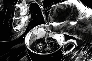 black and white drawing making coffee