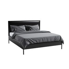 The bed is made of wood and has a black finish. The bed has a gray mattress and two pillows. isolated on a transparent background.