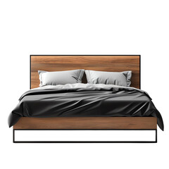 The bed is made of wood and has a dark finish. The bed has a modern design and would be perfect for a contemporary bedroom. isolated on a transparent background.