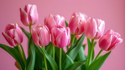 Beautiful composition spring flowers. Bouquet of pink tulips flowers on pastel pink background