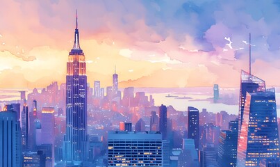 Watercolor panorama of New York City skyline at dusk,Generative AI