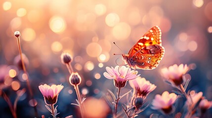 beautiful flowers bloom with a butterfly in the spring field, soft focus