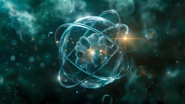 Delicate Atom Model in Shimmering Motion - Ethereal Subatomic Particles in Minimal Blue-Green Tones