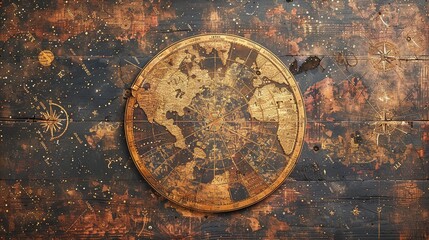Ancient Map with Imaginary Constellations Show an ancient, weathered map featuring imaginary constellations and a marked, yet undiscovered, planet, blending historical exploration with cosmic mystery - obrazy, fototapety, plakaty