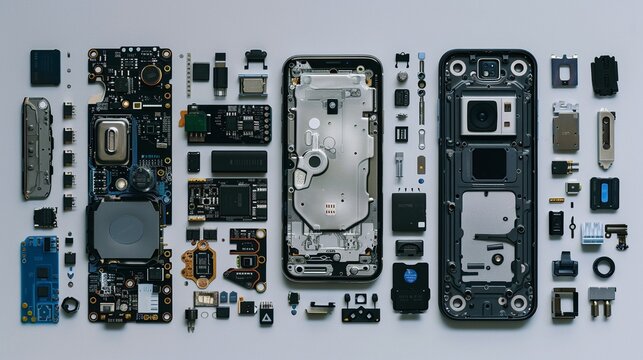 Disassembled Smartphone with Visible Rare Earth Elements Photograph a disassembled smartphone where rare earth elements are highlighted or marked