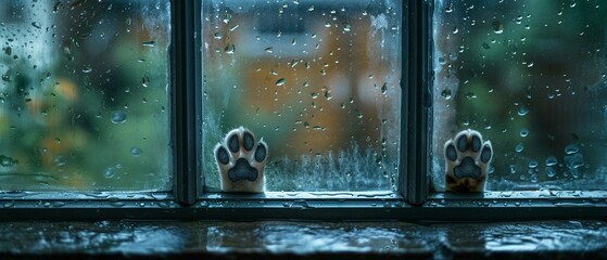Paw Prints on a Window Sill Capture a series of wet paw prints on a window sill leading away from...