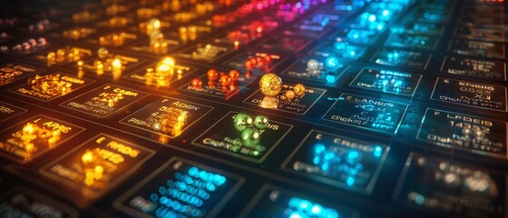 Periodic Table with Rare Earth Elements Illuminated Show a large periodic table where only the rare earth elements are illuminated, possibly with tech devices shadowed in the background