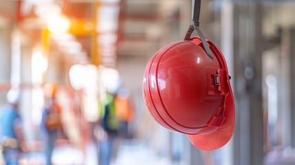 Architect's helmet hanging on a hook with blurred construction workers in the background