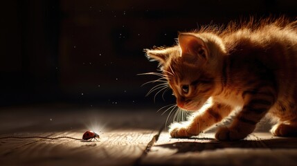 Artistic portrayal of a young cat or kitten hunting a ladybug, with backlit ambiance adding drama, Ai Generated.