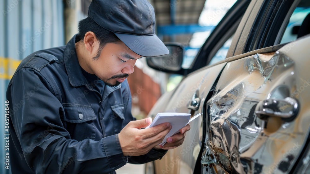 Poster inspecting the damage on a car as part of the claim process