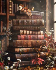 Towering Stack of Vibrant,Well-worn Leather-bound Books with Scattered Floral Accents in Cozy Study Setting