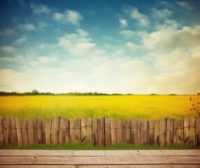Fototapeta premium Idyllic Rural Landscape with Yellow Flowering Field and Wooden Fence