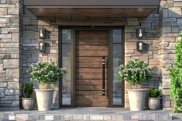 modern wooden main entrance door with glass panels and potted plants stone wall exterior aigenerated illustration
