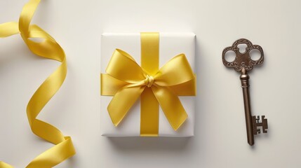 Key and gift box with yellow ribbon on white background