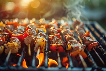 mouthwatering skewers sizzle on grill delightful barbecue party in golden afternoon light food...