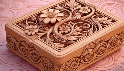 An ornate jewelry box crafted from cedar, with detailed carvings of vines and flowers 