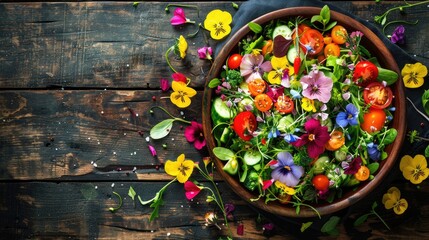 A plantbased recipe using natural foods like vegetables and edible flowers, beautifully presented...