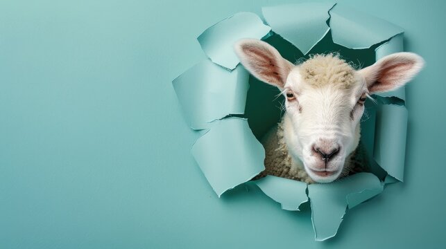 A humorous sheep peers through a ripped hole in a contrast pastel color paper background, Ai Generated