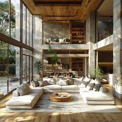 Sun-drenched living room with open floor plan, featuring natural wood and stone accents.