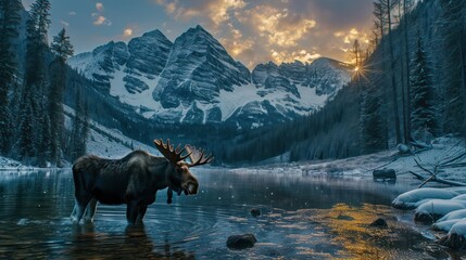Moose standing in Snow mountain lake at dusk