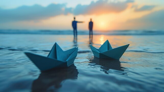 paper ship in one direction and with one individual pointing in the different way as a business leader and manager concept