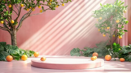 Podium in abstract soft pink room composition for product presentation with tree jungle