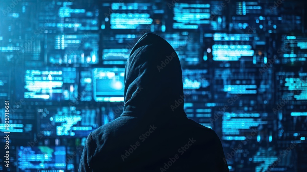 Poster silhouette of hooded computer hacker on background of multiple displays and digital information. dat