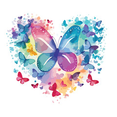 Watercolor love shape by butterfly illustration vector artwork on white background