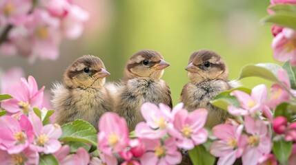 small funny Sparrow Chicks sit in the garden surrounded by pink Apple blossoms on a Sunny may day