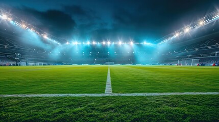 soccer stadium illuminated by spotlights and empty green grass playground, big stadium