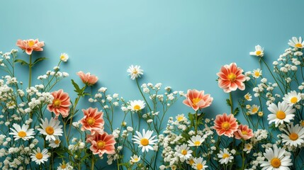 spring flowers on blue background copy space