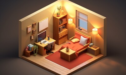 Cozy Isometric 3D Single Room Interior with Stylish Decor.