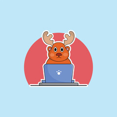 cute deer cartoon working at laptop vector illustration animal technology concept premium vector flat cartoon
