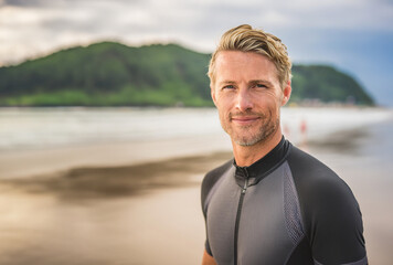 A man in a wetsuit stands on a sandy beach