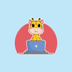 cute giraffe cartoon working at laptop vector illustration animal technology concept premium vector flat cartoon