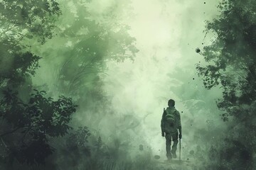 solitary wanderer hiker exploring misty forest trail digital painting