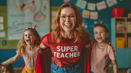 Joyful Teacher in super teacher costume with Students in a Fun Classroom Setting