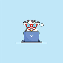 cute cow cartoon working at laptop vector illustration animal technology concept premium vector flat cartoon