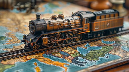 Vintage steam locomotive model resting on a faded antique map of Europe.