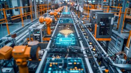 Fototapeta premium Robots Automated Manufacturing Facility with IT Integration With Floating Laptop/Mobile/Clouds And WIFI Icons 