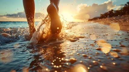 A man walks on the beach on wet sand with waves