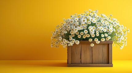 White flowers in wooden basket on yellow spring background