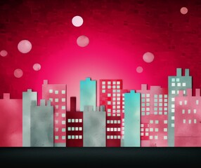 Futuristic City Skyline Artistic Representation with Pink and Teal Highlights