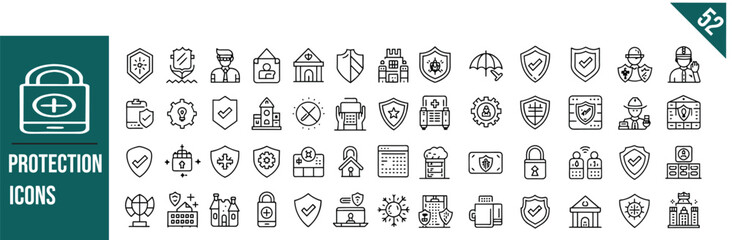 Set of 52 outline icons related to protection. Linear icon collection. Vector illustration
