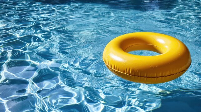 Yellow pool float, ring floating in a refreshing blue swimming pool