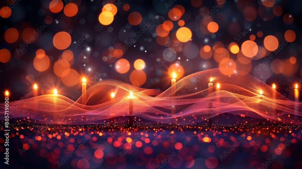 Poster Glowing particle dots with colorful dots in abstract background, concept of light shining sparkling particles dots bokeh in blur color background, 