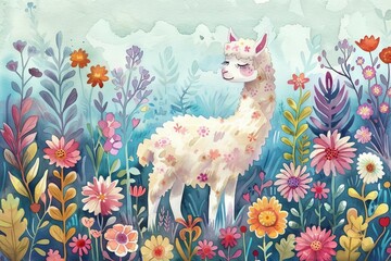 Naklejka premium whimsical watercolor playful alpaca frolicking in a colorful floral garden childrens book illustration