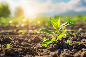 young plant growing in sunlit farm field ecology concept photography