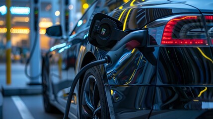 Power supply connect to electric car for add charge to the battery. Charging re technology industry transport which are the future of the Automobile.